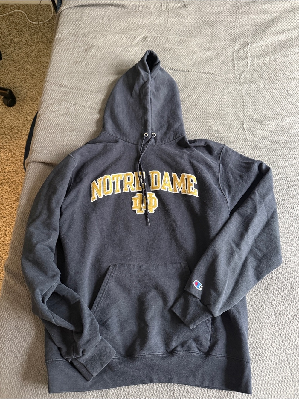Champion Navy Hoodie with Gold Notre Dame Arch
